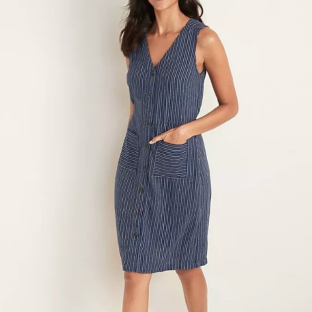 Old Navy Dress XL Blue White Striped Linen Blend Shift Button Pockets Elastic